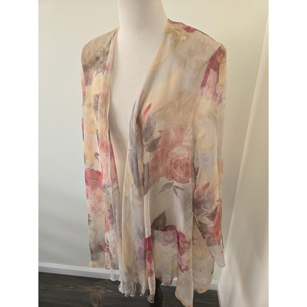 Jeffrey & Dara Floral Sheer Mesh Open Duster Cardigan Watercolor Pink Yellow L